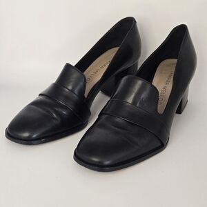 Tamara Mellon Black Leather Loafer Pumps Block Heel Size 36.5 Made Italy